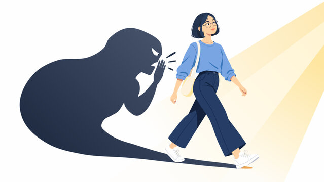 Leaving doubt behind. Woman walking into light. Overcoming fear. Confidence and personal growth