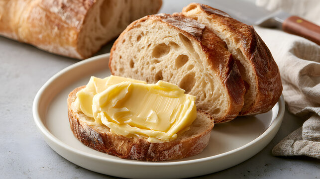 Fresh artisan bread slice with soft yellow butter served on a white ceramic plate for a delicious morning breakfast meal on a rustic kitchen table surface with natural soft morning light illumination