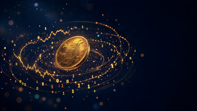 Rotating Glowing Coin with Binary Code and Market Graph Lines Digital Finance Digital Illustration