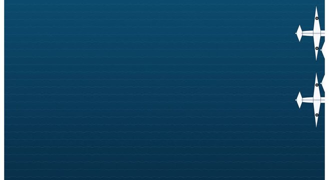 Minimalist airplane formation animation, abstract aviation motion on blue background, aircraft flying