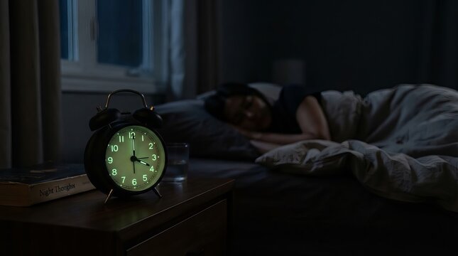Peaceful woman sleeping soundly under warm duvet covers on a cozy bed beside a bedside lamp.