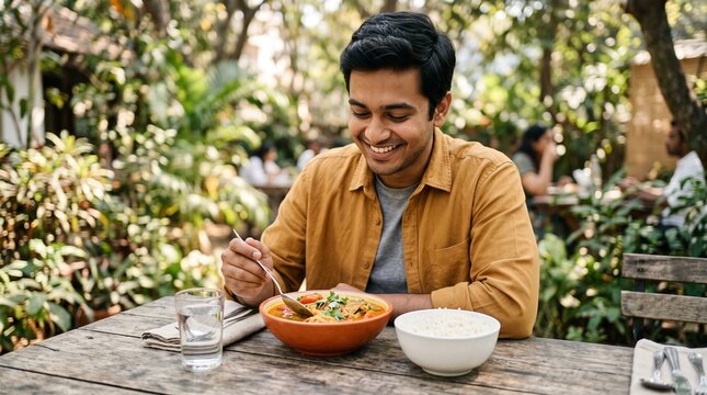 Outdoor lunch with Assamese light fish curry