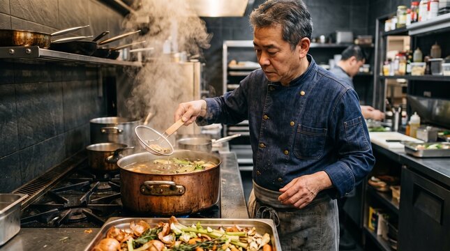 Chef refines vegetable stock from saved trimmings