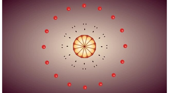 Abstract geometric kaleidoscope animation with rotating golden mandala and red orbs motion