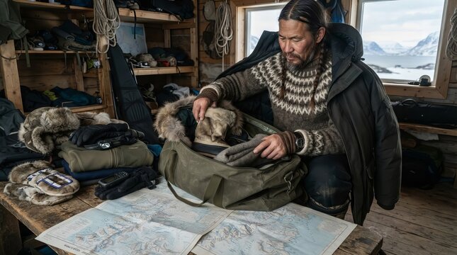 An experienced arctic guide preparing cold weather equipment bags inside a remote mountain cabin.