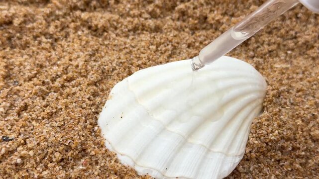 Cosmetic serum dropper above seashell on beach sand, natural skincare concept