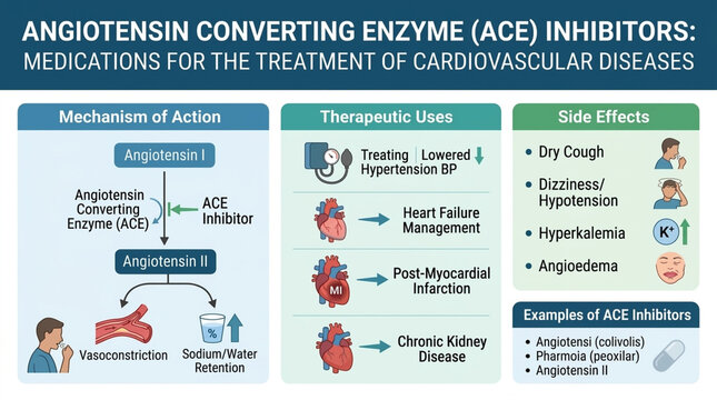 ACE Inhibitors Infographic Mechanism Uses Side Effects for Cardiovascular Disease Treatment