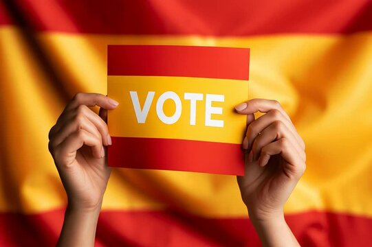 Hands holding vote sign with Spanish flag in background