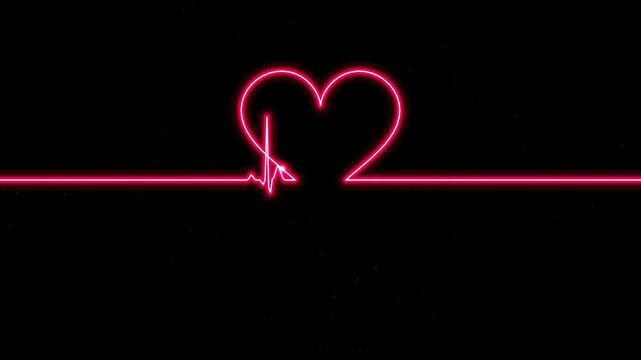 Bright neon red glowing heart shape superimposed on a straight horizontal line against black