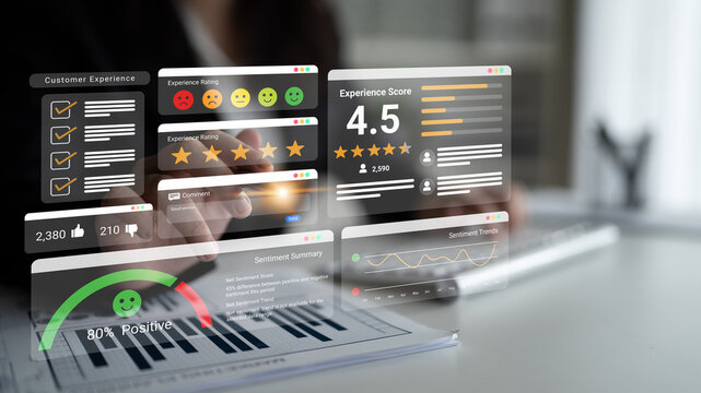 Feedback system with ratings, sentiment meter, and charts representing customer satisfaction and experience analysis Parse