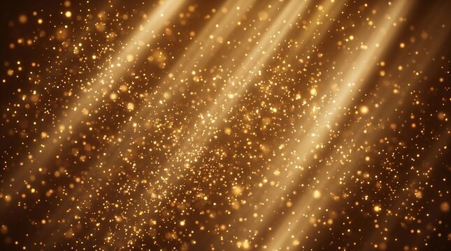 Golden Shimmering Glitter Particles with Diagonal Light Rays Background