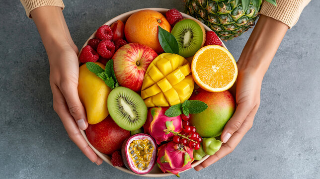 Hands holding bowl of assorted tropical and temperate fruit on gray surface