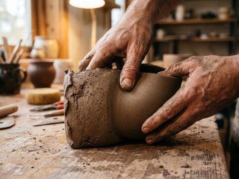 Potter shapes moist brown clay with rough textured hands in a rustic workshop filled with warm ambient lighting.