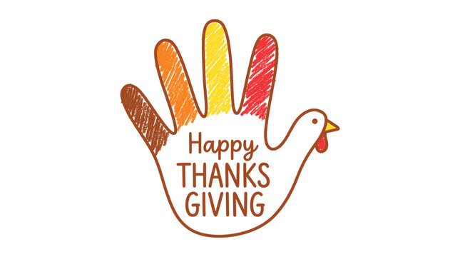 Handprint turkey for thanksgiving with colorful scribbled fingers and happy thanksgiving text, flat