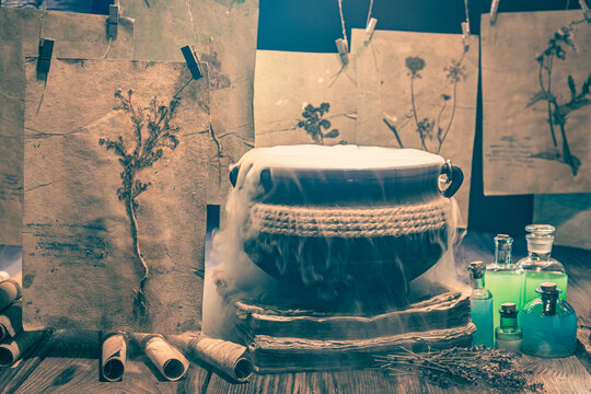 Scary witcher cauldron for Halloween with potions and recipes.