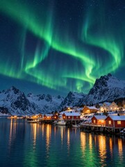 Fototapeta premium Green Northern Lights Above a Snowy Fishing Village and Quiet Fjord