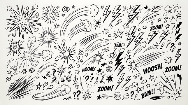 Set of hand drawn comic book style explosion effects lightning bolts and speed lines with fun sound effect words for design