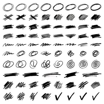 Set of black hand drawn marker scribble shapes circles lines and check marks for design elements and creative annotations