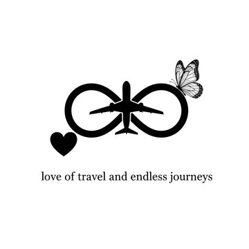 Airplane within infinity symbol with butterfly, heart and travel text
