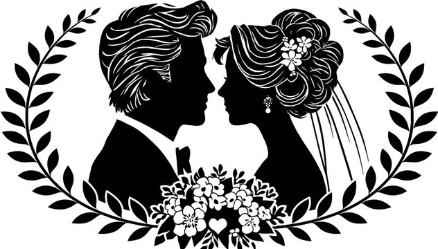 Black silhouette of bride and groom kissing inside laurel wreath

