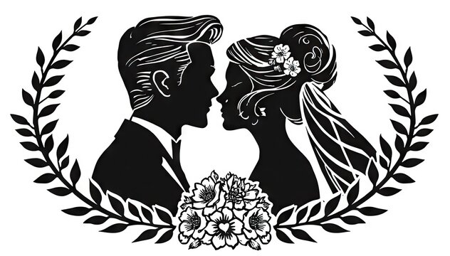 Black silhouette of bride and groom facing each other with floral wreath
