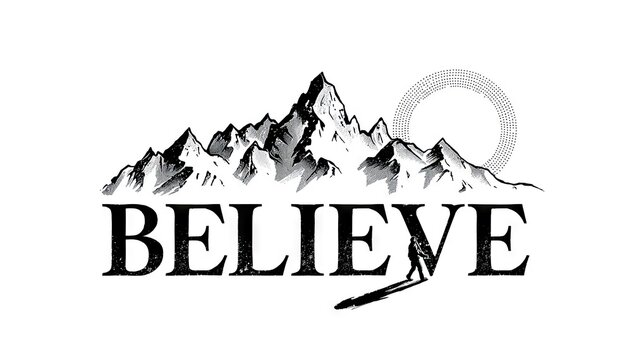 Black mountain range silhouette with word believe and sun icon