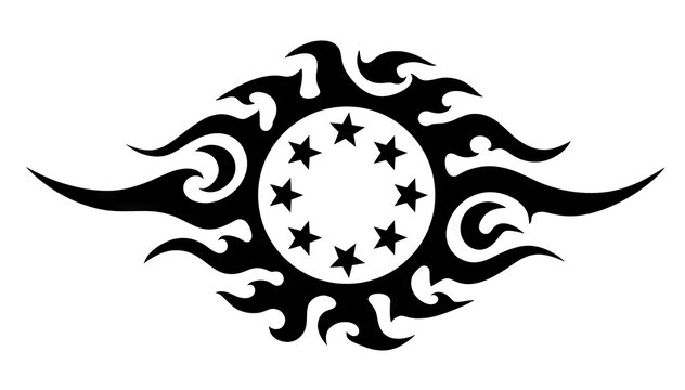 Black sun tattoo graphic design with stars in middle circle