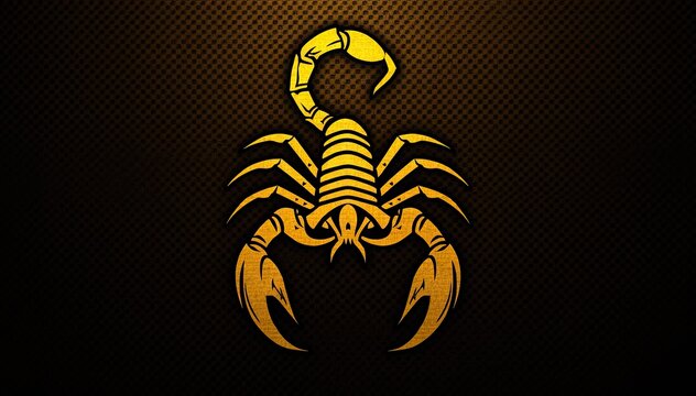 Golden scorpion emblem with curled tail on dark background