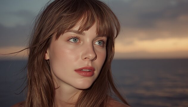 Woman with bangs gazing at ocean sunset