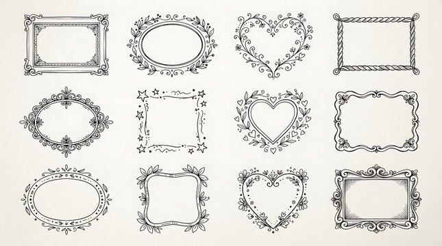 Set of hand drawn decorative vintage frames and heart shaped borders for wedding invitation cards and artistic photo displays