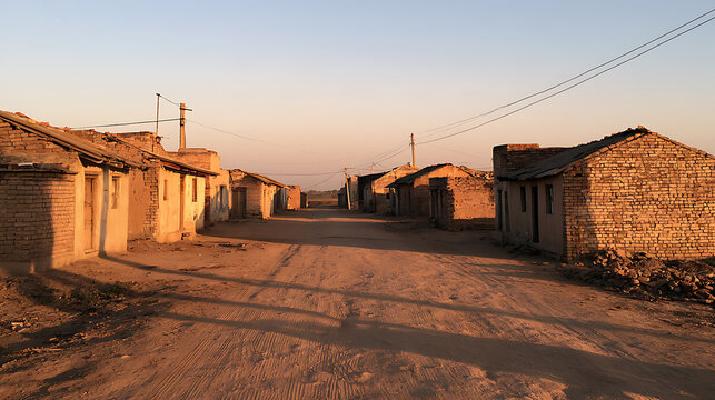 Rustic dirt road passing between old brick houses in a quiet impoverished rural village during sunset with warm golden light illumination