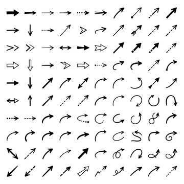 Set of various hand drawn arrows and pointer symbols in black ink style for design elements and creative visual communication