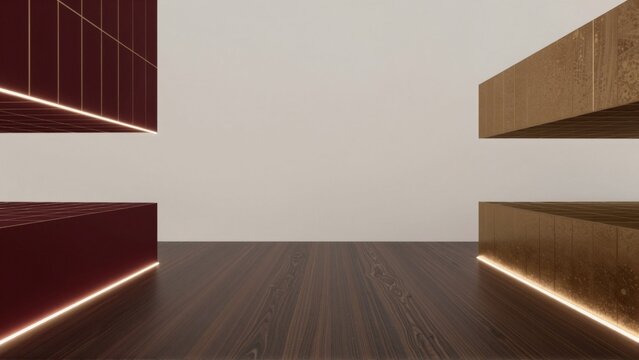 empty room wooden floor white walls side red rectangular object grid like pattern object appears wood has metallic finish top object two wooden panels geometric pattern panels arranged way creates