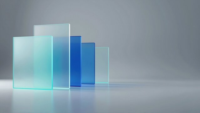group five rectangular glass blocks arranged row grey background blocks different sizes shapes largest one center smallest one right side colors blocks gradient blue light blue creating gradient