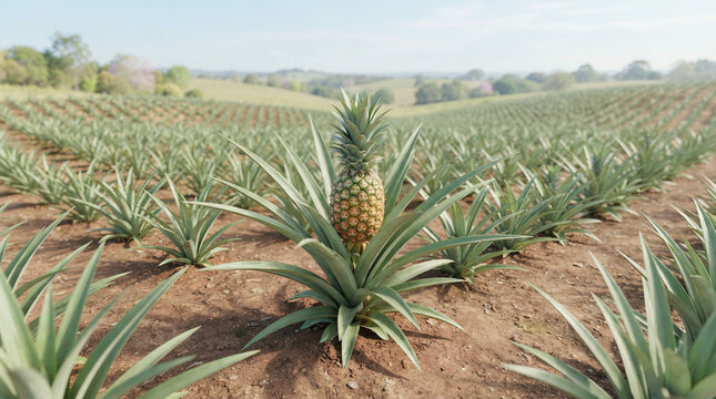 Field of pineapple plants with one golden fruit in the sunny foreground