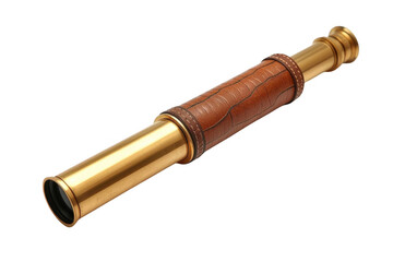 Fototapeta premium Vintage brass spyglass with leather covering on transparent background