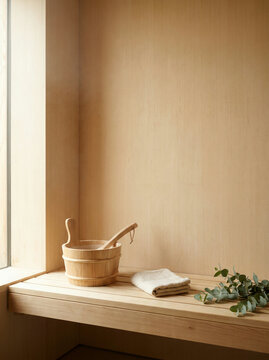 Wooden sauna bucket with birch scoop and eucalyptus on bench in softly lit sauna interior