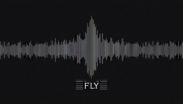 Audio waveform on dark background with fly text