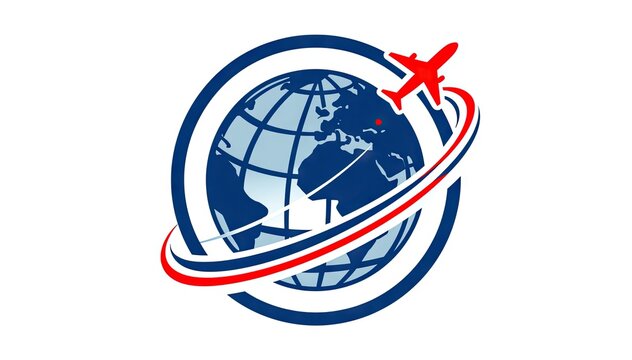 Globe with red airplane orbit swoosh in circular logo

