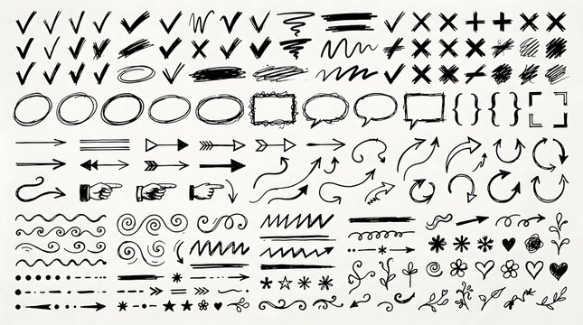 Large collection of hand drawn doodle elements including check marks arrows shapes speech bubbles lines and decorative symbols