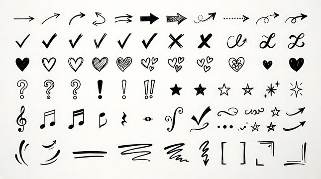 Set of hand drawn sketch elements including arrows check marks hearts question marks exclamation points stars and music notes
