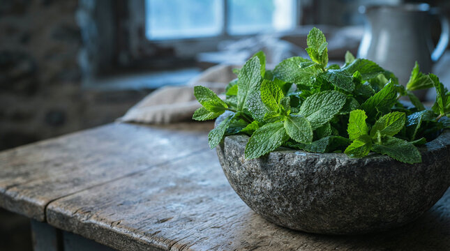Mint leaves overflowing a rough hewn stone bowl on a weathered kitchen table