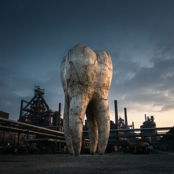 Colossal stone sculpture of human molar tooth stands on gravel beside industrial plant pipes.