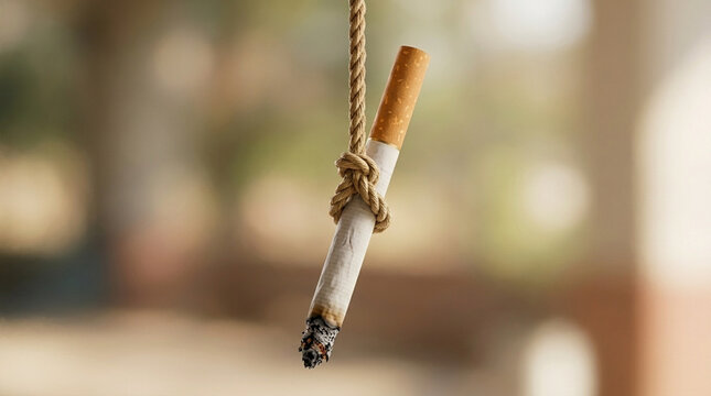Smoking addiction concept cigarette tied with rope symbolizing struggle against habit quit smoking health awareness breaking free
