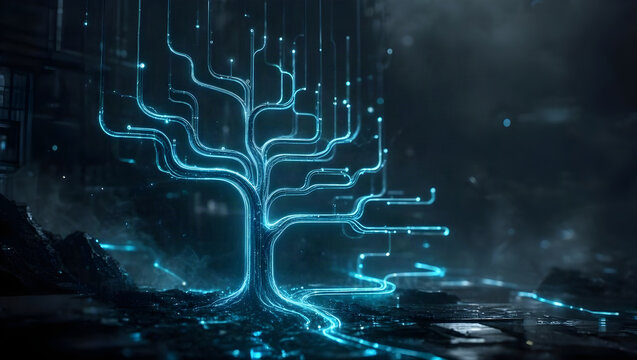 Glowing Tree of Light Lines Splitting and Merging Version Control Branching