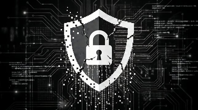 Cracked digital shield with padlock icon on binary code background