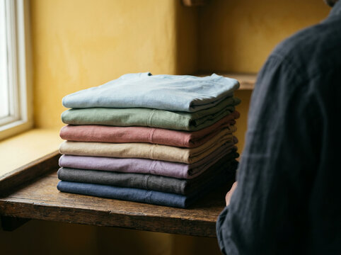 Stack of ten folded muted shirts on a wooden window seat table by a yellow wall and a person