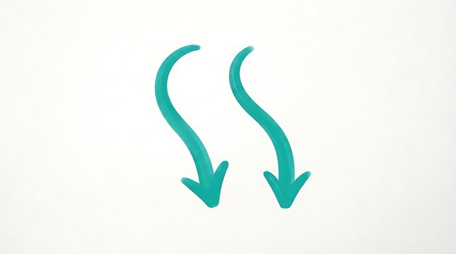 Two turquoise hand drawn wavy arrows pointing down side by side showing direction and movement for design and presentation