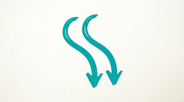 Two teal hand drawn wavy arrows pointing down showing direction and movement for simple graphic design and business presentation