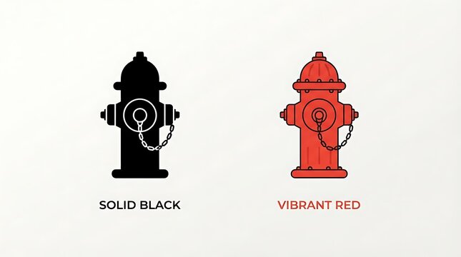 Fire hydrant icons set with solid black and vibrant red colors for emergency safety and fire department equipment design